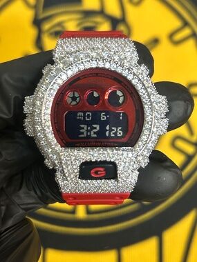 Custom Iced Out G-Shock Watch | Red & Silver Crystal | Luxury Statement Watch